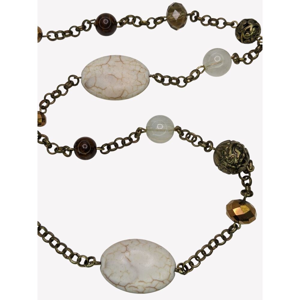Roman RMN Boho Chain & Bead Necklace Howlite Glass Gold Tone Filigree VTG 80s